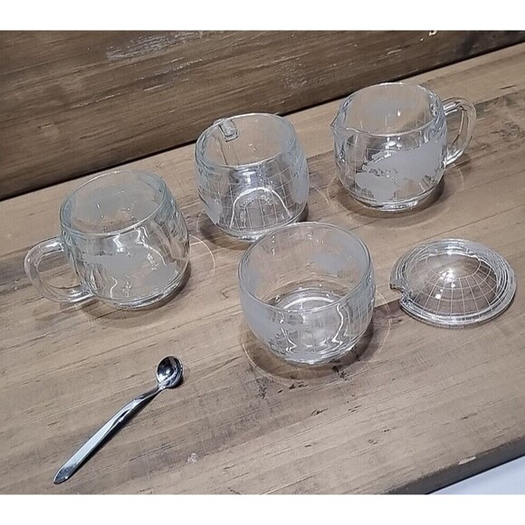 Nestle Nescafe Clear Glass Etched Globe World Coffee Mug-Set Of 4 Vintage - Picture 8 of 10